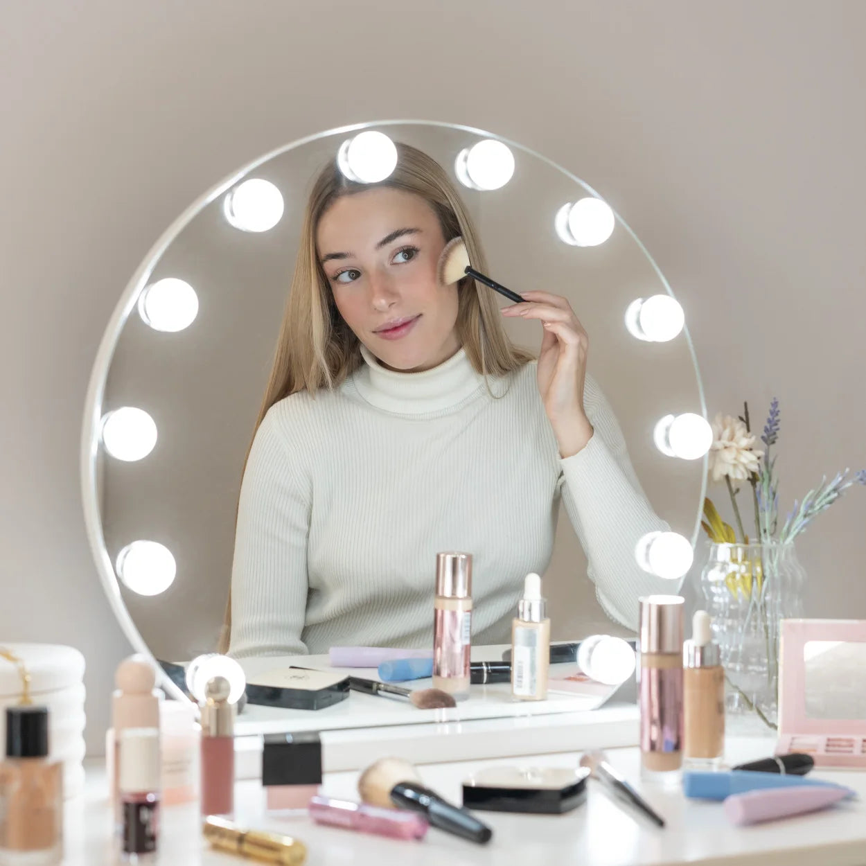 Flaminguuo mirror makeup light 12 lights LED dressing table makeup 3 modes light mirrors with light makeup mirror touch Control table makeup mirror Led Mirror Mirror medium makeup