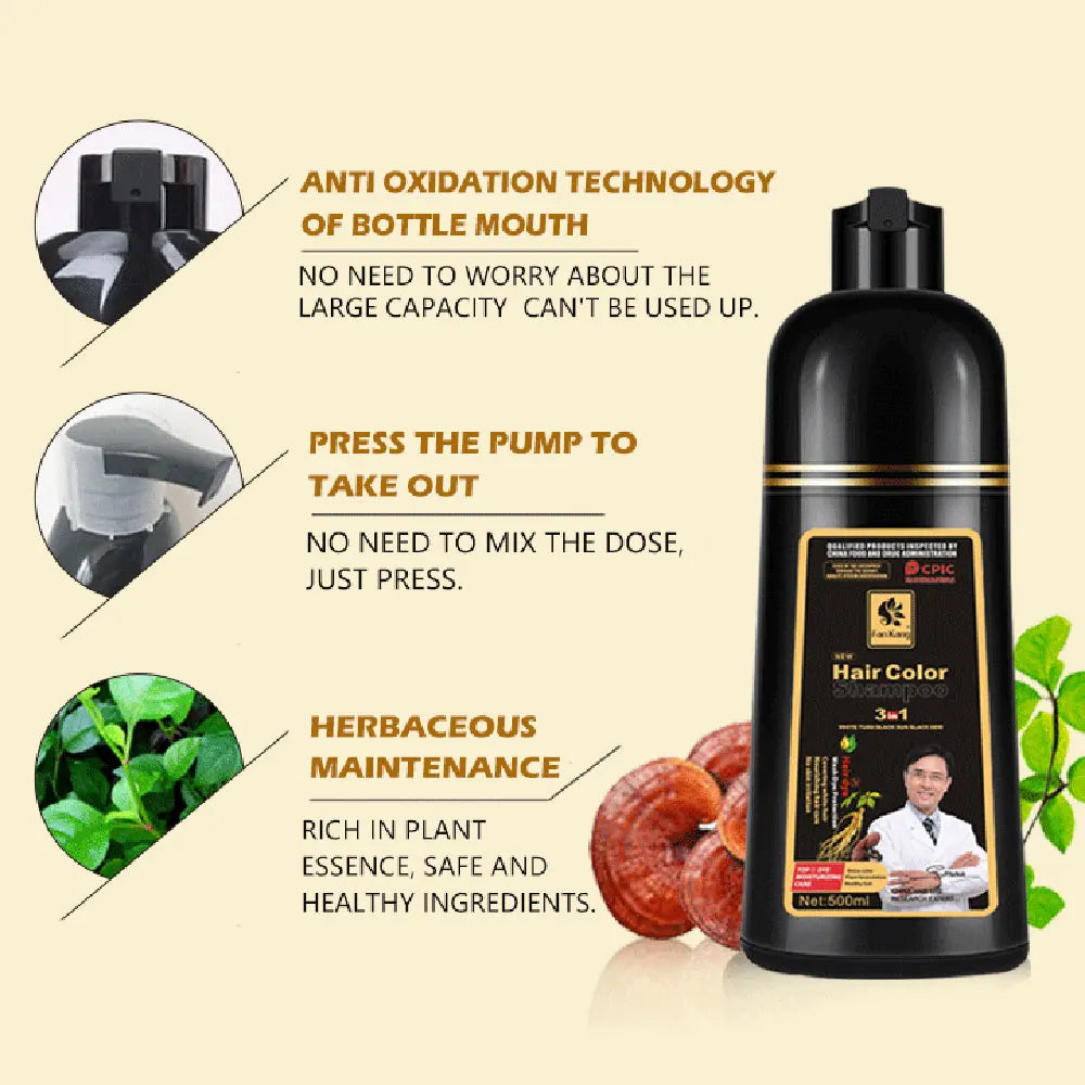 3 In 1 Instant Coloring Shampoo Natural Black Color for Men Women DIY Hair Dye Herbal Brown Coloring Care 500ml Hair Dye Shampoo