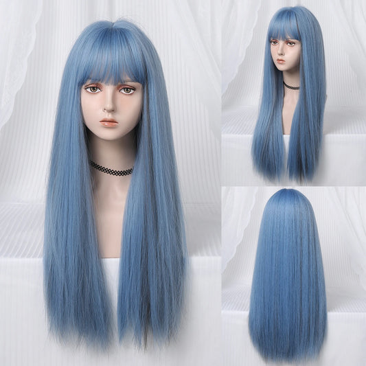 Long Straight Synthetic Wigs Light Blue with Ash Highlight Cosplay Wig with Bangs for Women Natural Hair Heat Resistant Fiber