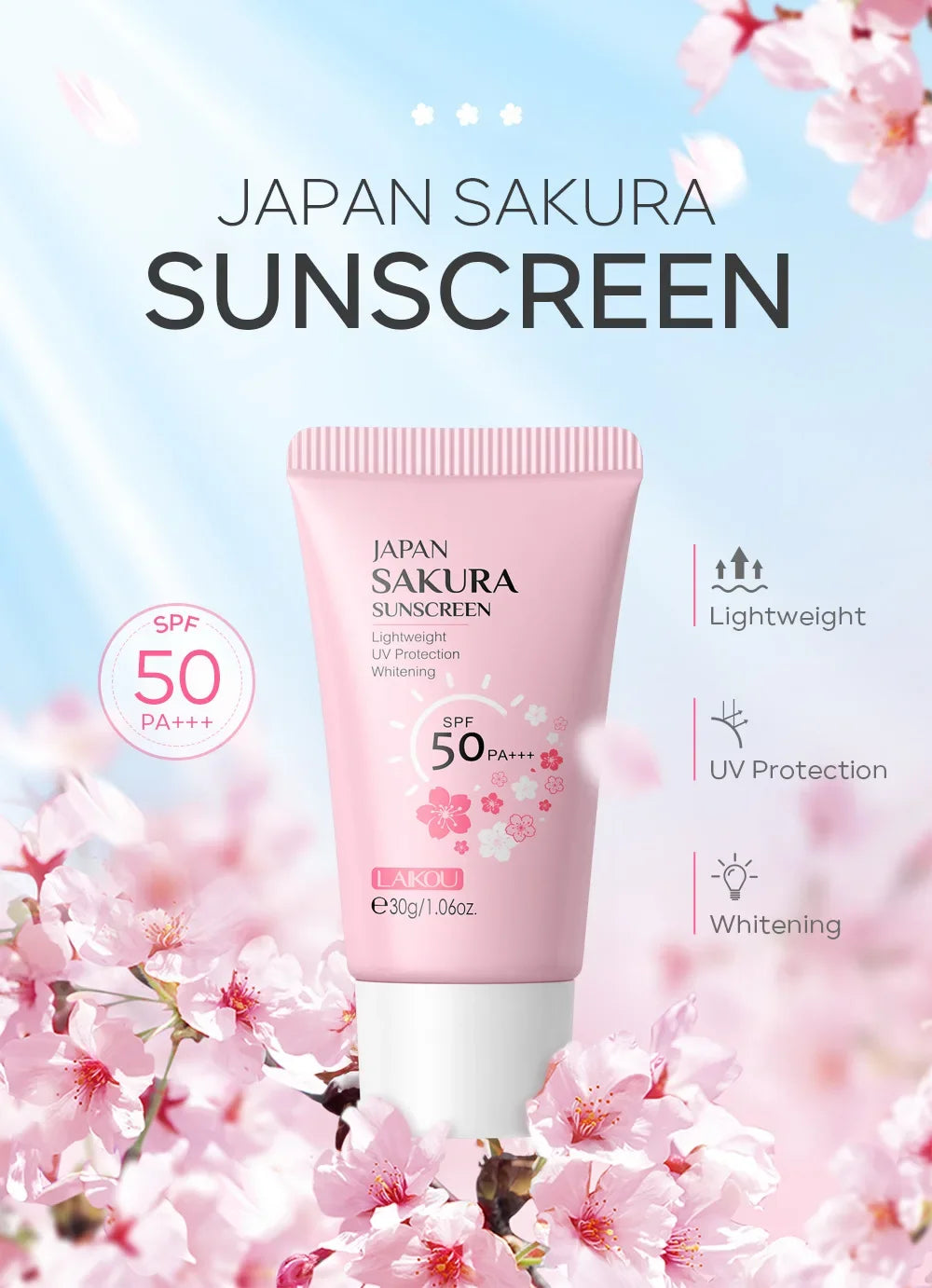 Laikou Sakura  Cream Korean Sunscreen Protector Facial Sun Blocker Spf50 Isolation Lotion  Moisturizer 30g