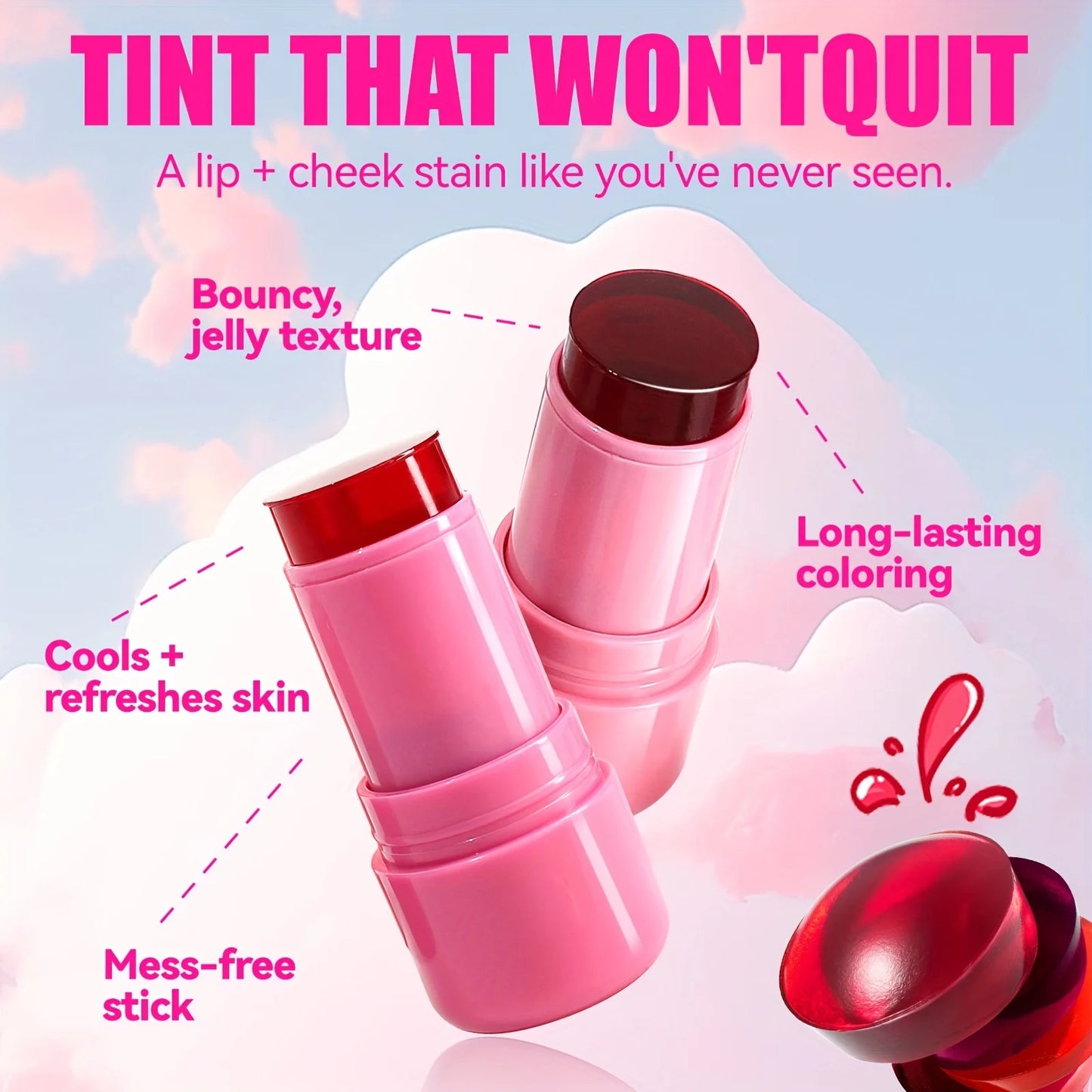 Jelly Blush Stick Makeup, Water Jelly Tint Stick, Lip and Cheek Jelly Blush Stick Lipstick, Lightweight