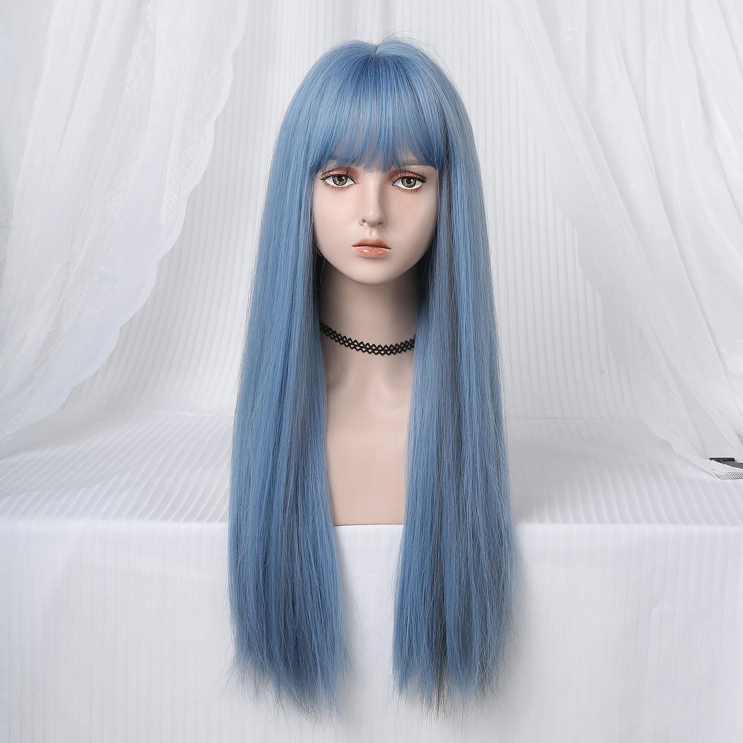 Long Straight Synthetic Wigs Light Blue with Ash Highlight Cosplay Wig with Bangs for Women Natural Hair Heat Resistant Fiber