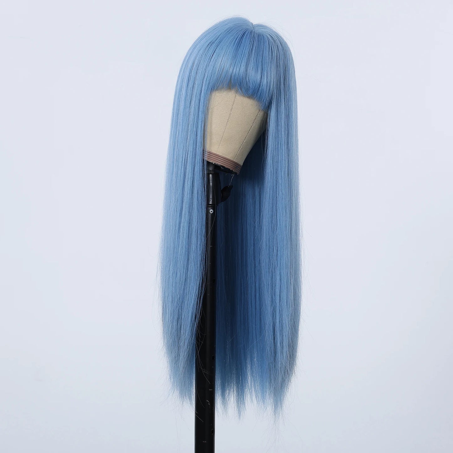 Long Straight Synthetic Wigs Light Blue with Ash Highlight Cosplay Wig with Bangs for Women Natural Hair Heat Resistant Fiber