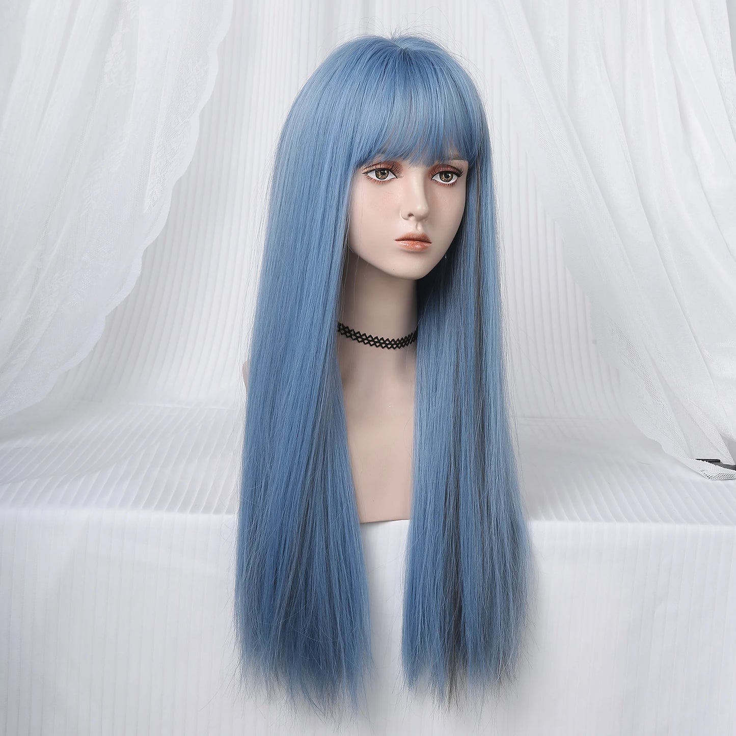 Long Straight Synthetic Wigs Light Blue with Ash Highlight Cosplay Wig with Bangs for Women Natural Hair Heat Resistant Fiber