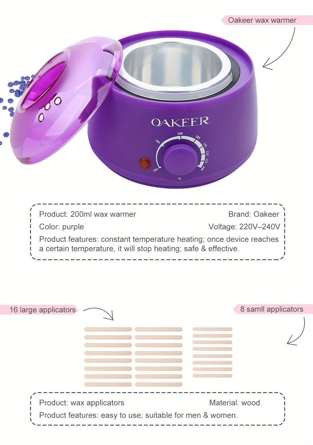 [EU Plug] 200ml Purple Wax Melting Machine + 200g Wax Beans Set, Wax Heating, Wax Hair Removal And Wax Therapy Machine