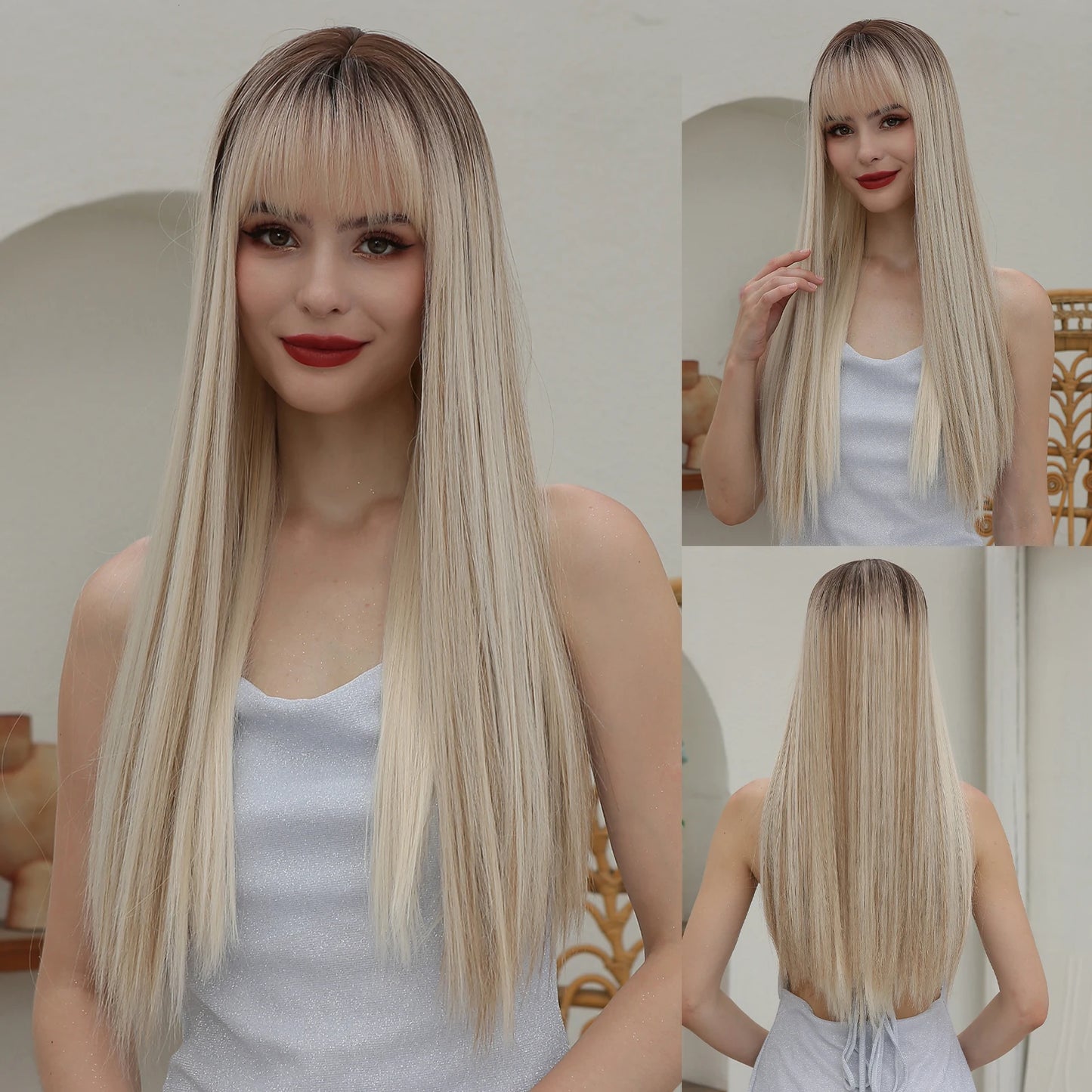 Long Straight Synthetic Wigs Light Blue with Ash Highlight Cosplay Wig with Bangs for Women Natural Hair Heat Resistant Fiber