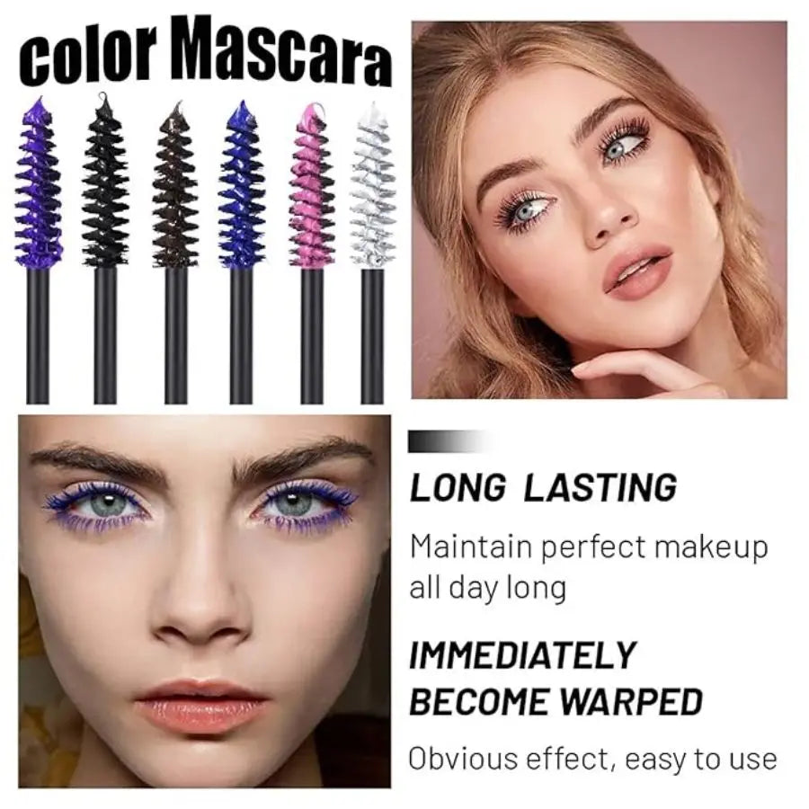 6-Colorful Mascara with Large Brush Head, Easy to Color, Non-Clumping, Non-Fading Mascara, White Purple, Sapphire Blue, Silver Coffee, Not Easy to Smudge, Mascara, Eyebrow Cream