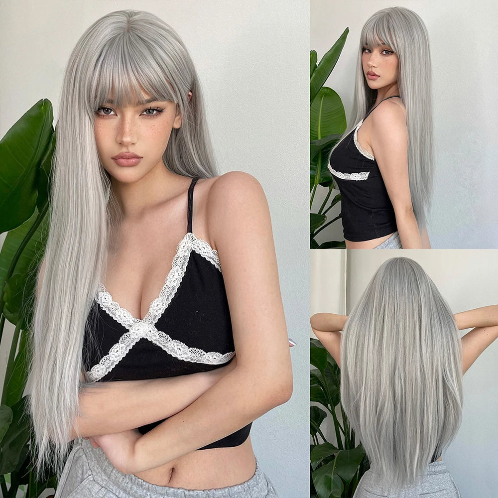 Long Straight Synthetic Wigs Light Blue with Ash Highlight Cosplay Wig with Bangs for Women Natural Hair Heat Resistant Fiber