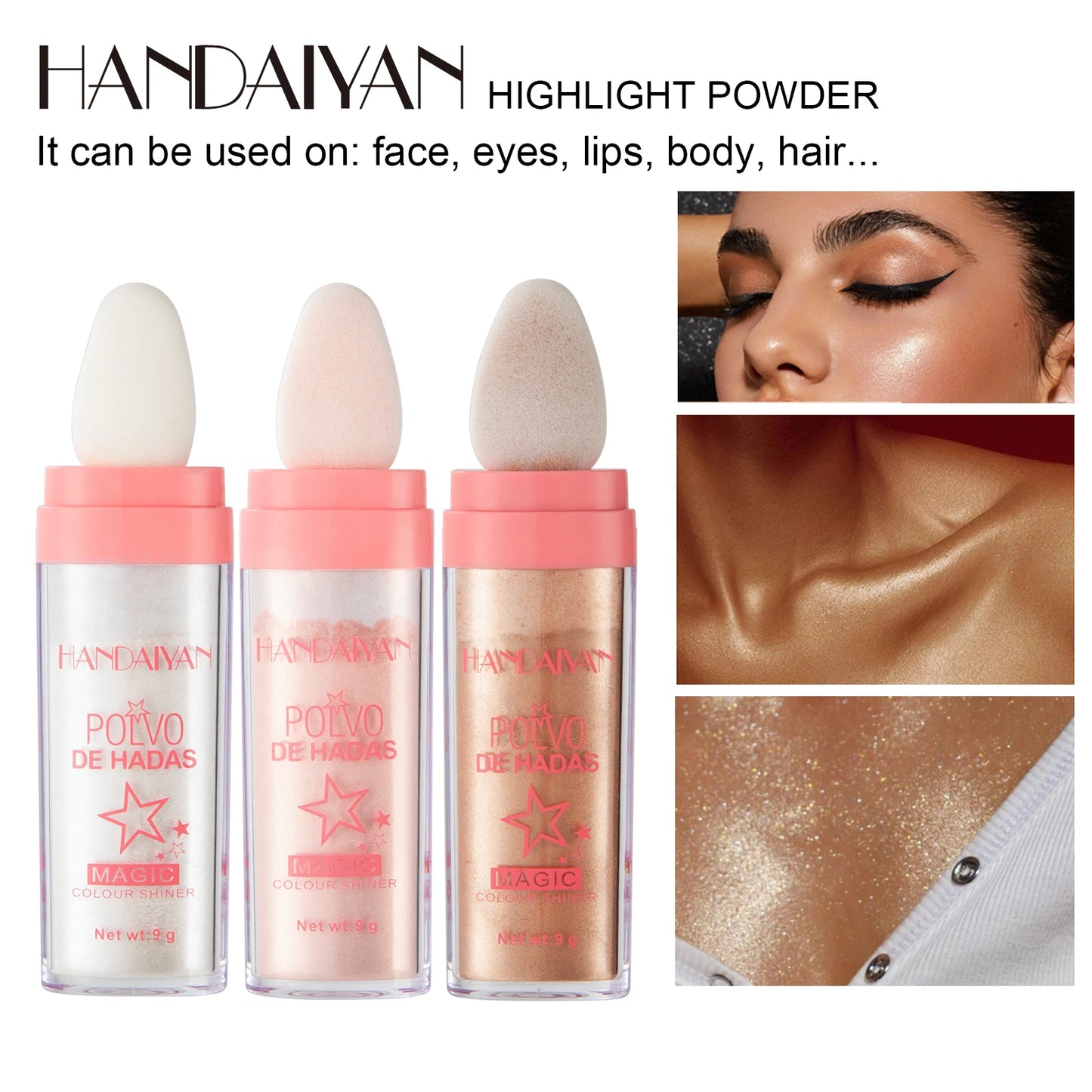 HANDAIYAN 3 Colors Glitter Powder Highlighter Makeup Body Brightens the Natural Face Blusher Fairy Highlight Patting Powder