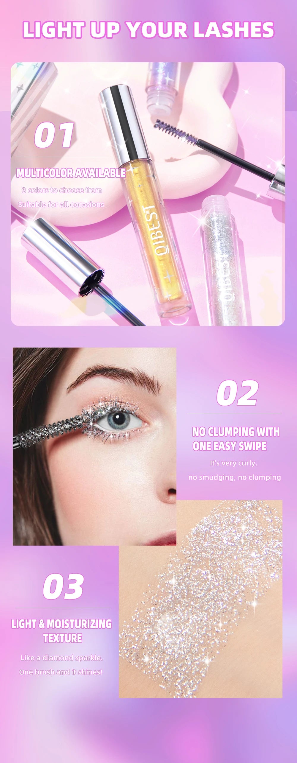 QIBEST Diamond Glitter Mascara Long Lasting Quick Dry Curling Extension Eyelashes Mascara Beauty Shiny Cosmetic For Women Makeup