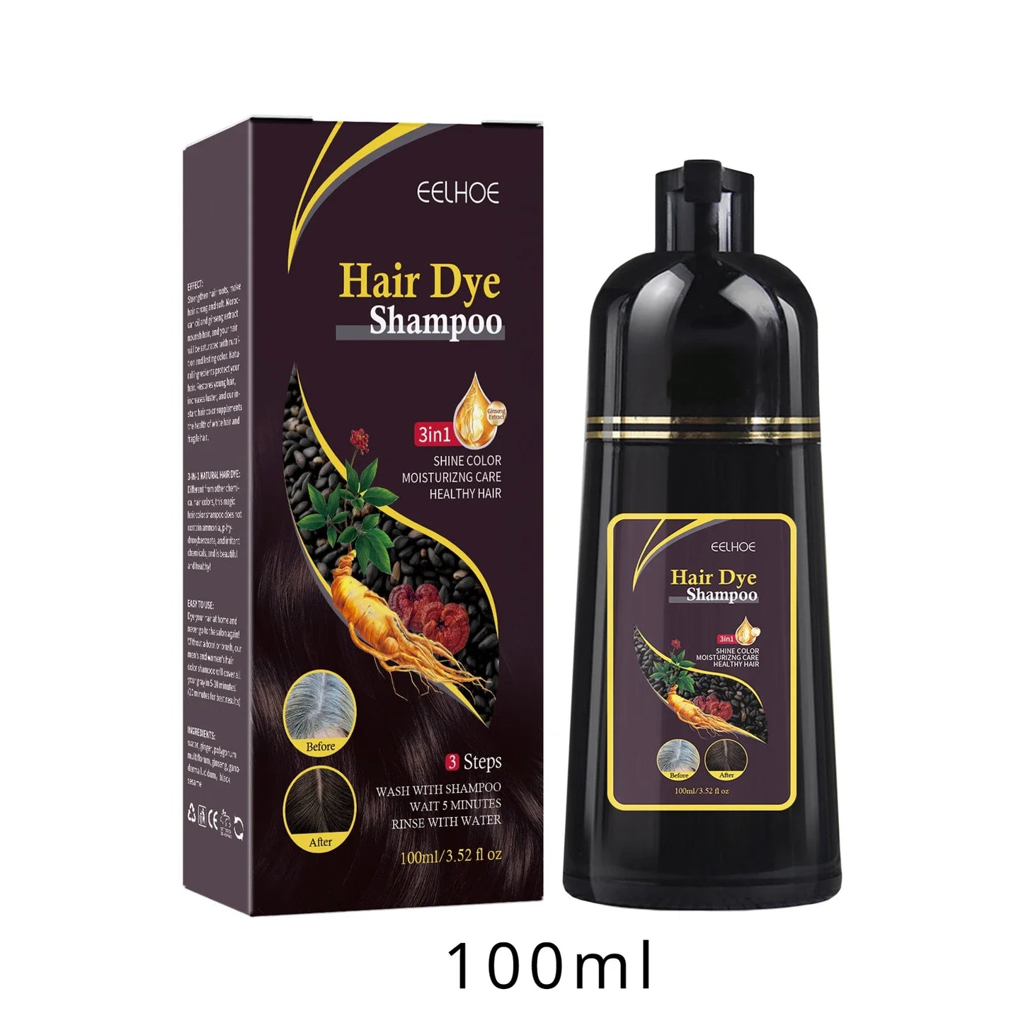 100ml/500ml Hair Dye Shampoo 3in1 Darkening Hairs Instant Gray To Black Polygonum Multiflorum Natural Coloing Cover for Women