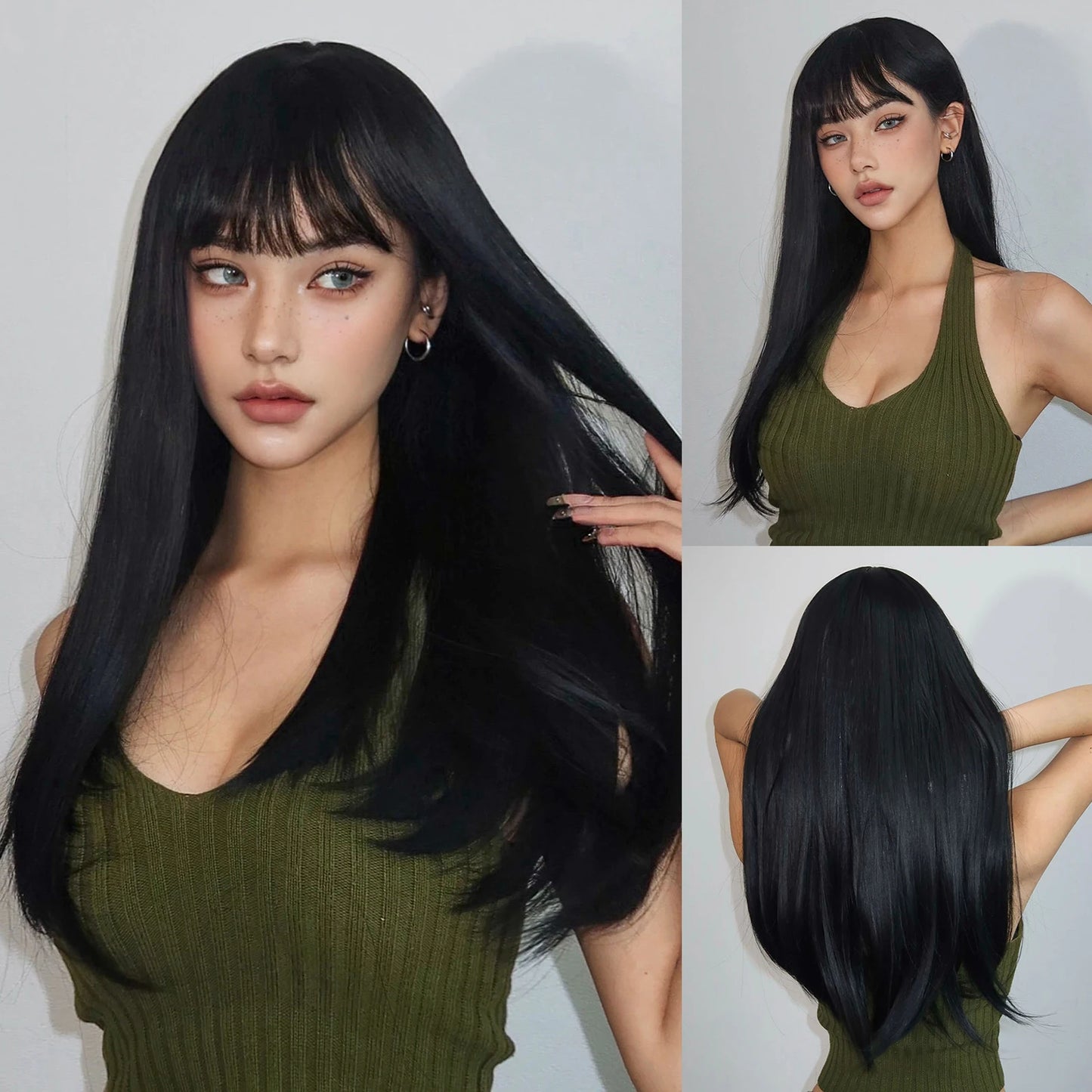 Long Straight Synthetic Wigs Light Blue with Ash Highlight Cosplay Wig with Bangs for Women Natural Hair Heat Resistant Fiber