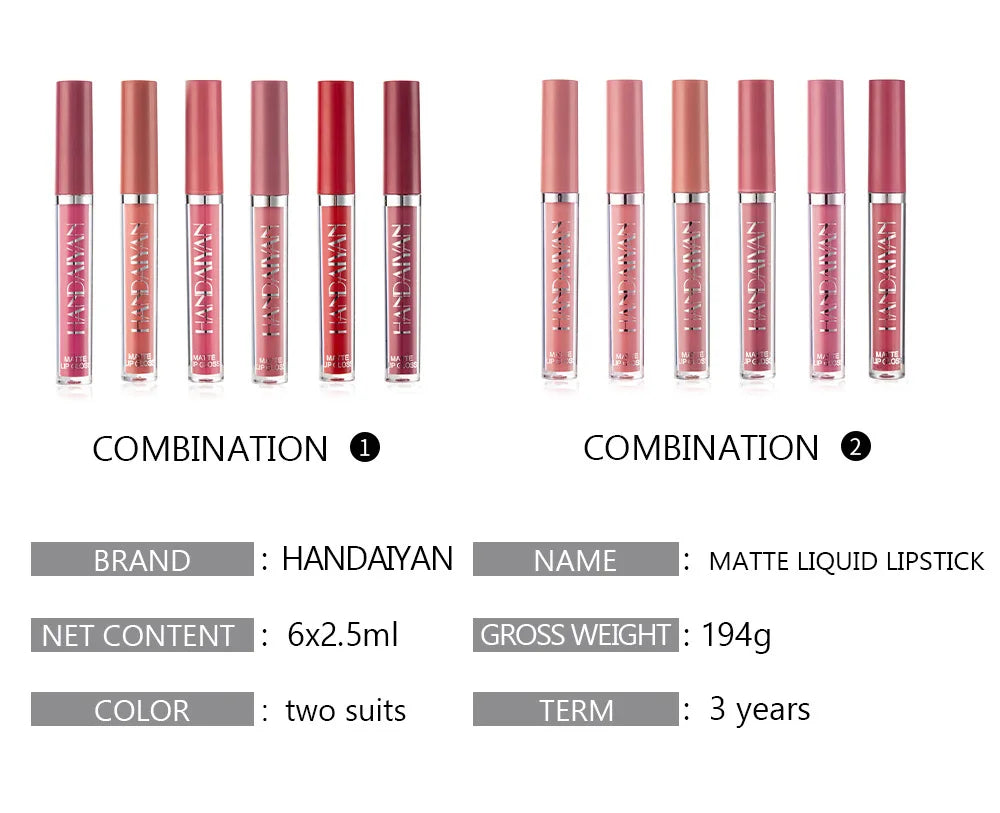 HANDAIYAN 6Pcs Liquid Velvet Matte Lip Gloss Red Lipstick Nude Makeup Women Long Lasting Waterproof Beauty Cosmetics