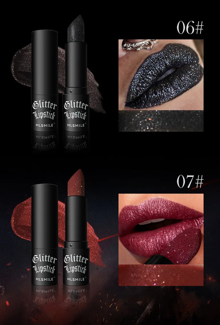 7Colors Glitter Lipstick Waterproof Long Lasting Diamond Pearlescent Metallic Lipstick Black Lipgloss Women Lips Makeup Cosmetic