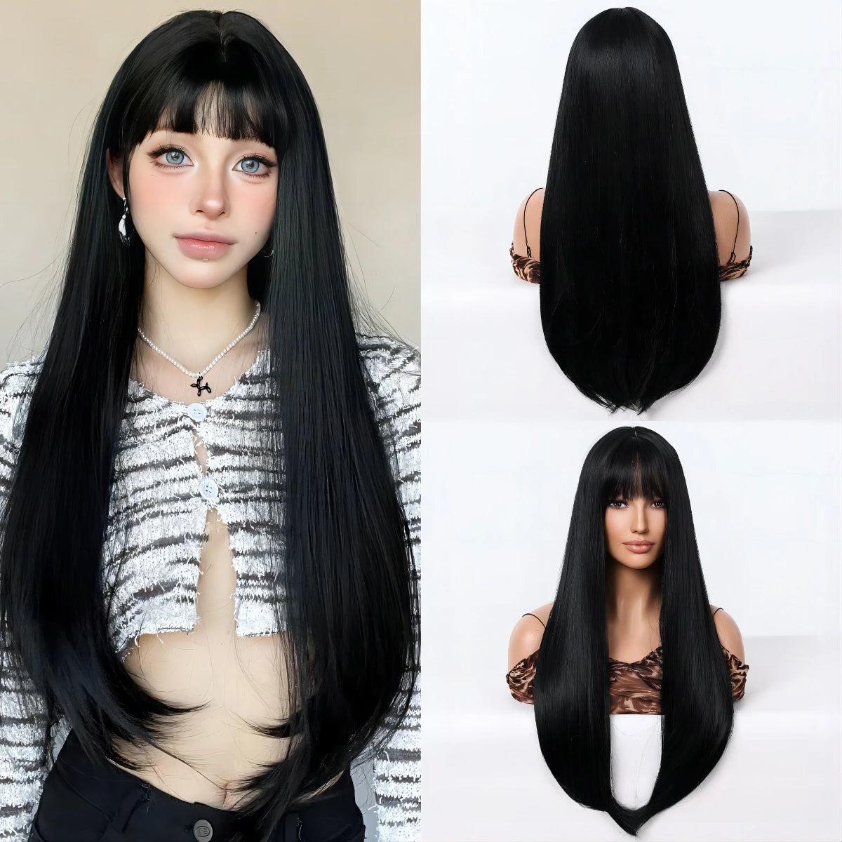 BlackWig With Bangs long Straight Hair Wigs 28inch Synthetic Wig For Woman Cosplay Heat Resistant Fibers Lolita Wigs