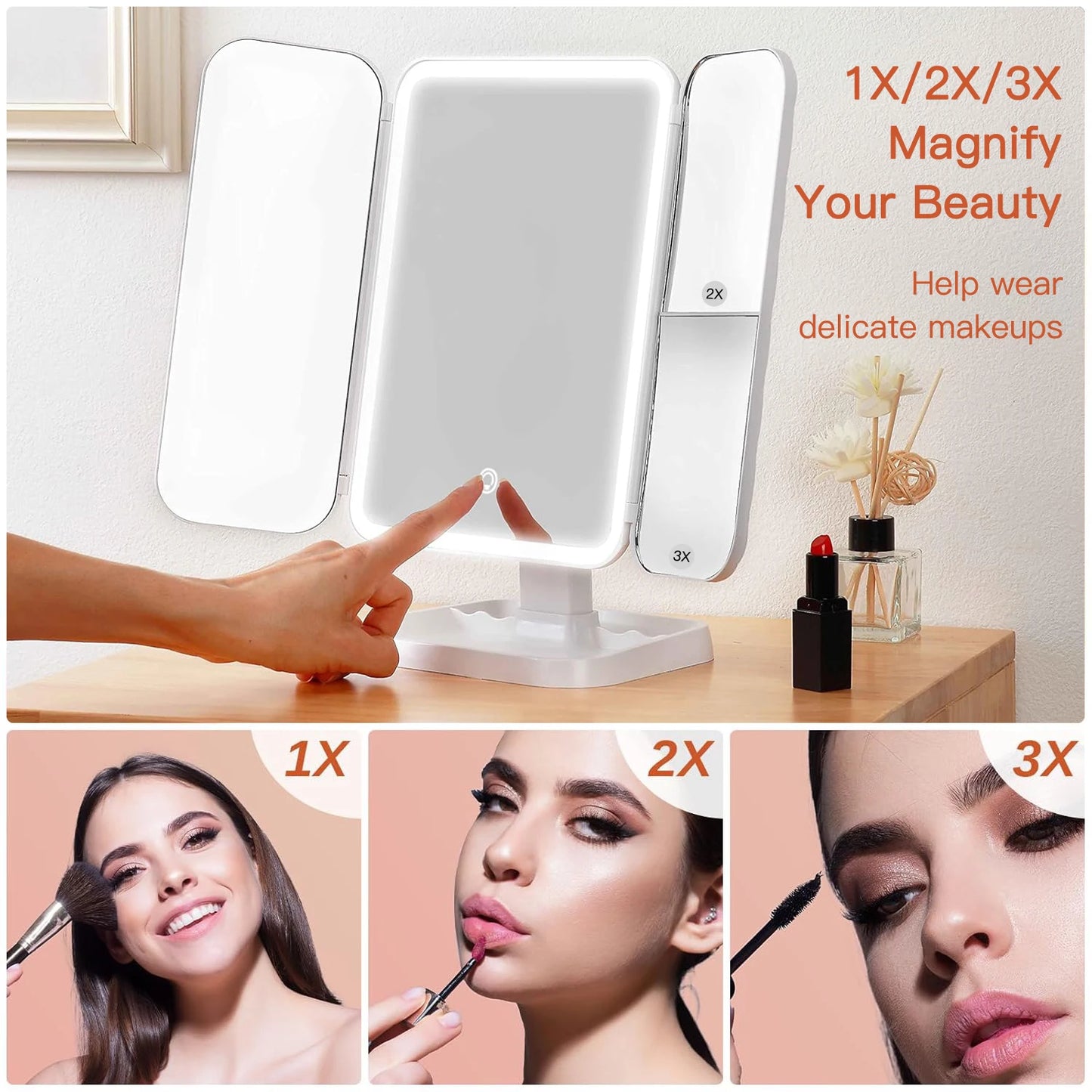 Trifold Makeup Mirror LED Lights Dorm Dressing Mirror Beauty Light up your fill light with Smart Complementary Makeup Mirror Tri