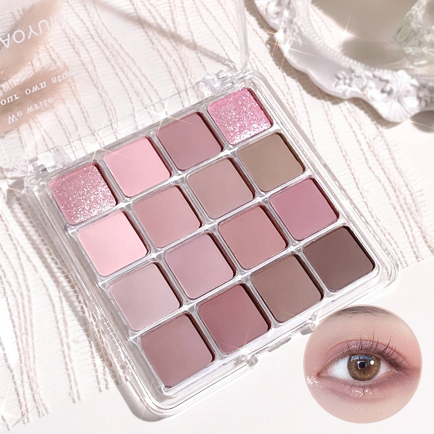 16-Color Eyeshadow Palette - Korean Style, Matte & Shimmer Finishes with Pink, Brown, Nude Tones - Long-Lasting, Fine Texture fo