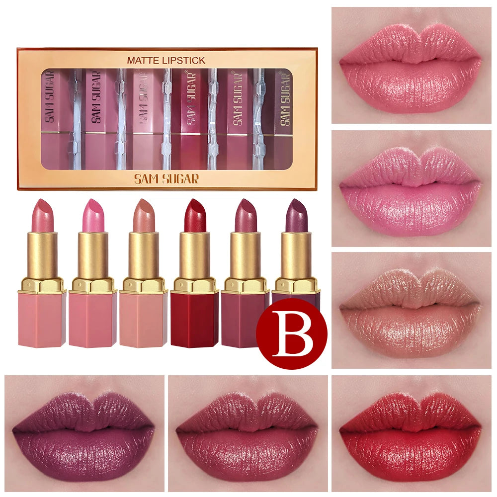 6 Colors Gold Bar Tube Lipstick Matte Texture Pearlescent Glitter Velvet Lipstick Valentine's Day Gift 6PCS